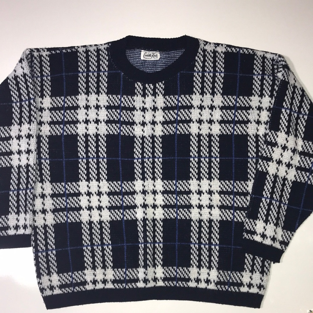 Cuddle Knit Sweater Vintage Black, White & Blue Plaid
